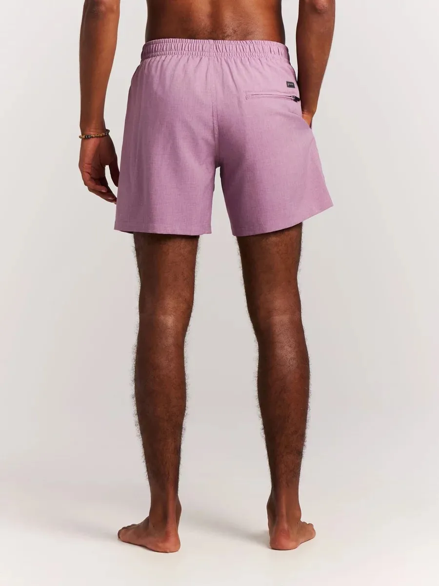 Back view of a person wearing purple Protest Daviey beach shorts with elastic waistband.