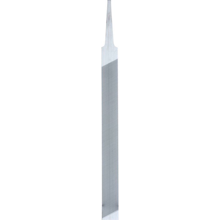 Eine silberne, längliche 20cm Feile mit feiner Riffelung, deren Spitze sich verjüngt.