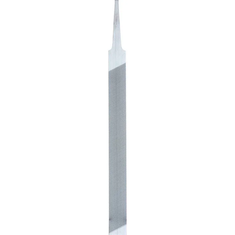 A silver, elongated 20cm file with fine fluting and a tapered tip.