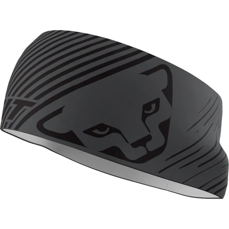 Graues Dynafit Stirnband mit schwarzem Katzenkopf-Logo und Streifenmuster.