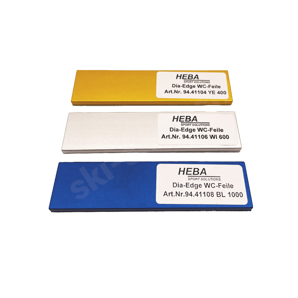 Set de limes WC Dia-Edge Trois limes WC Dia-Edge de couleur jaune, argent et bleu sont superposées avec des étiquettes.