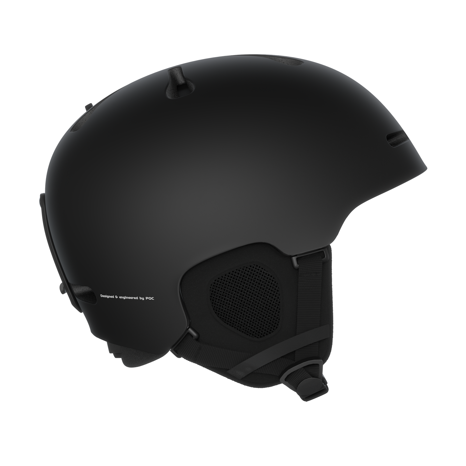 Schwarzer Skihelm Matt Schwarzer POC Fornix Skihelm in Matt, Seitenansicht. Kinnriemen und Ohrenpolster sind erkennbar.