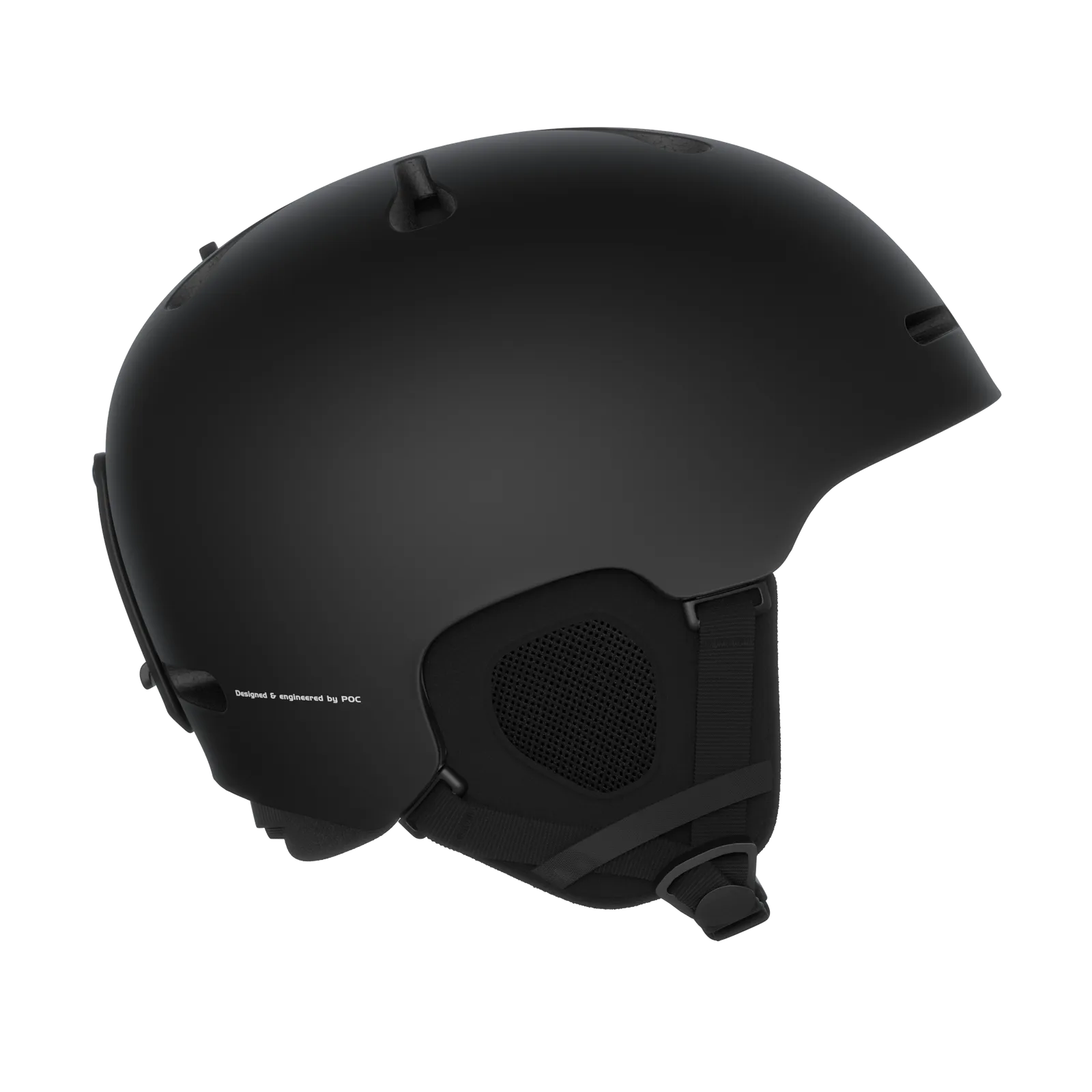 Schwarzer POC Fornix Skihelm in Matt, Seitenansicht. Kinnriemen und Ohrenpolster sind erkennbar.