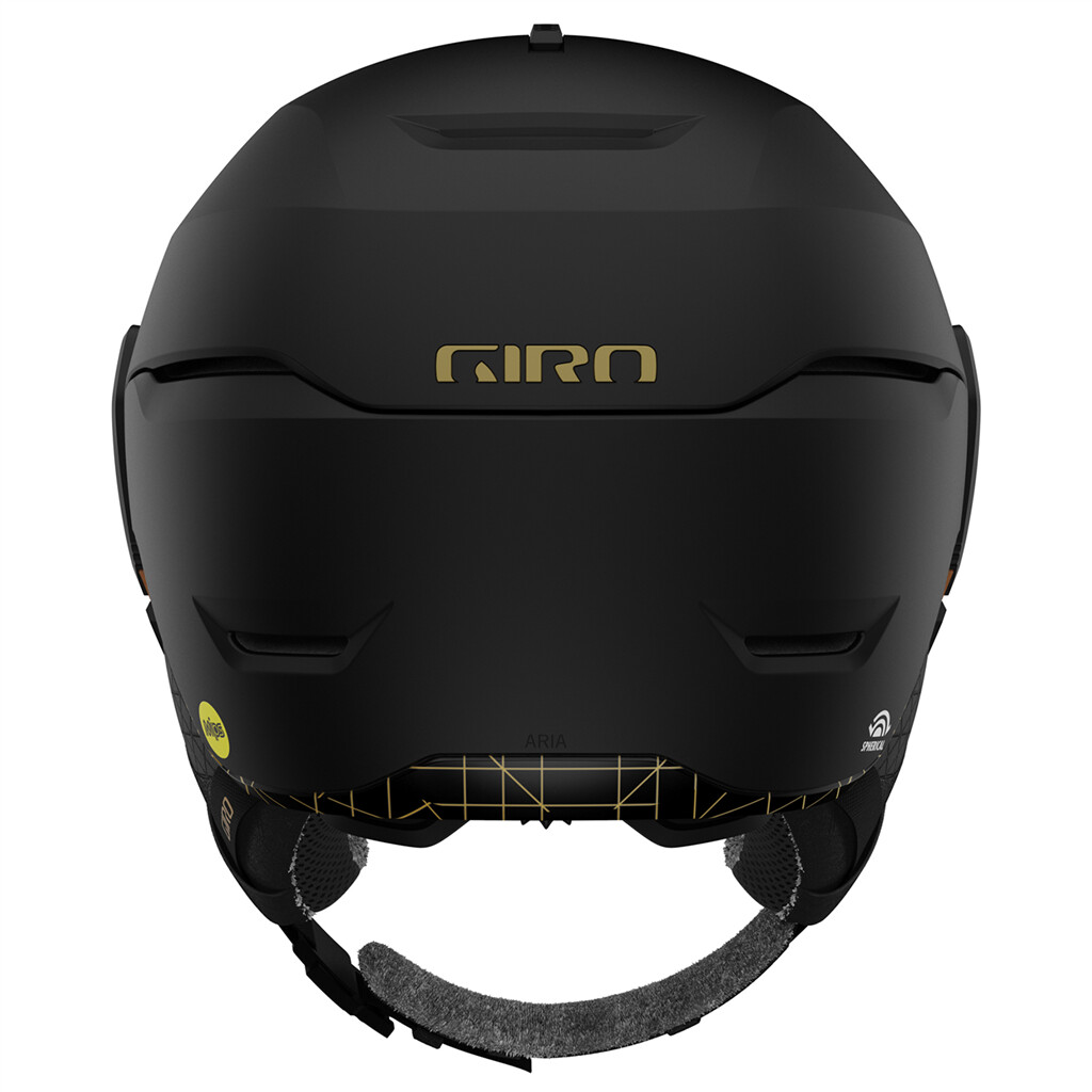 Rückansicht: Matte Black Giro Aria Mips Spherical Skihelm mit goldenem Logo und Details.