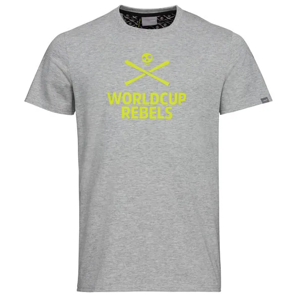 T-shirt da gara grigia da uomo con logo "World Cup Rebels" giallo e motivo a teschio.