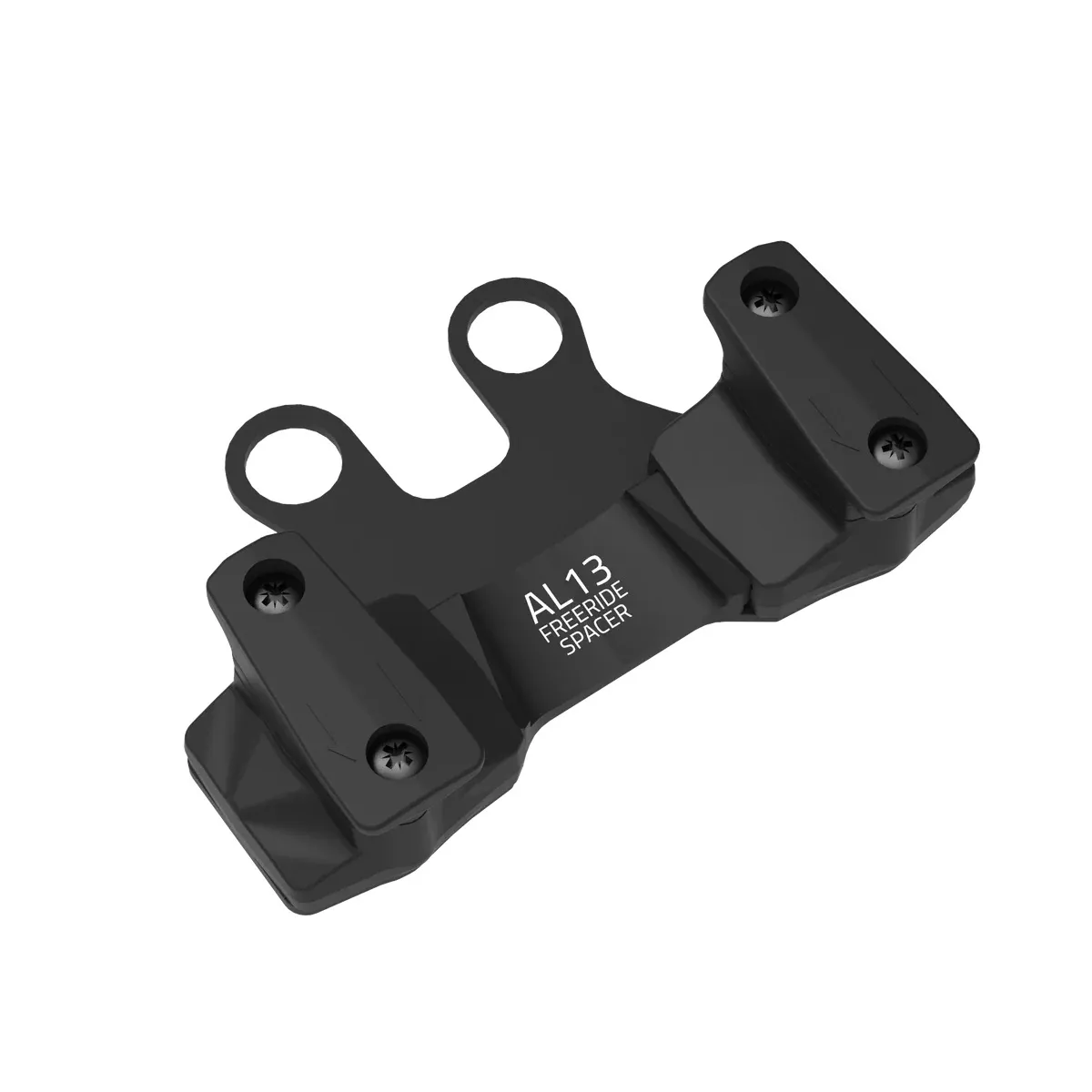 Entretoise freeride AL13 foncée avec des trous, fixée avec des vis sur un fond blanc.