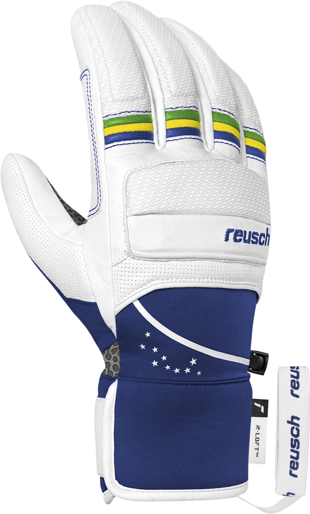 Gants blancs Reusch avec des rayures bleues, jaunes et vertes sur les doigts. Partie bleue avec des étoiles blanches et un logo blanc Reusch.