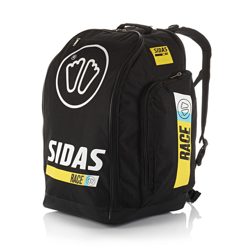 Sac noir Sidas Race Boot Bag 60L avec bretelles et accents jaunes, inscription RACE et logo imprimé sur le côté.