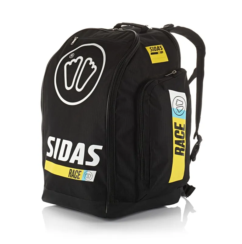 Black Sidas Race Boot Bag 60L bag with straps and yellow accents, RACE lettering and logo print on the side.