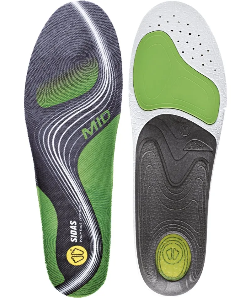 Zwei Sidas 3Feet Active MID Einlegesohlen, von oben, mit grün-grauem Muster und Gelpad.