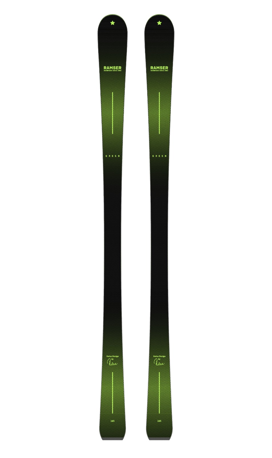 Two Ramser Green LTD skis with green color gradient and star, standing on a white background.