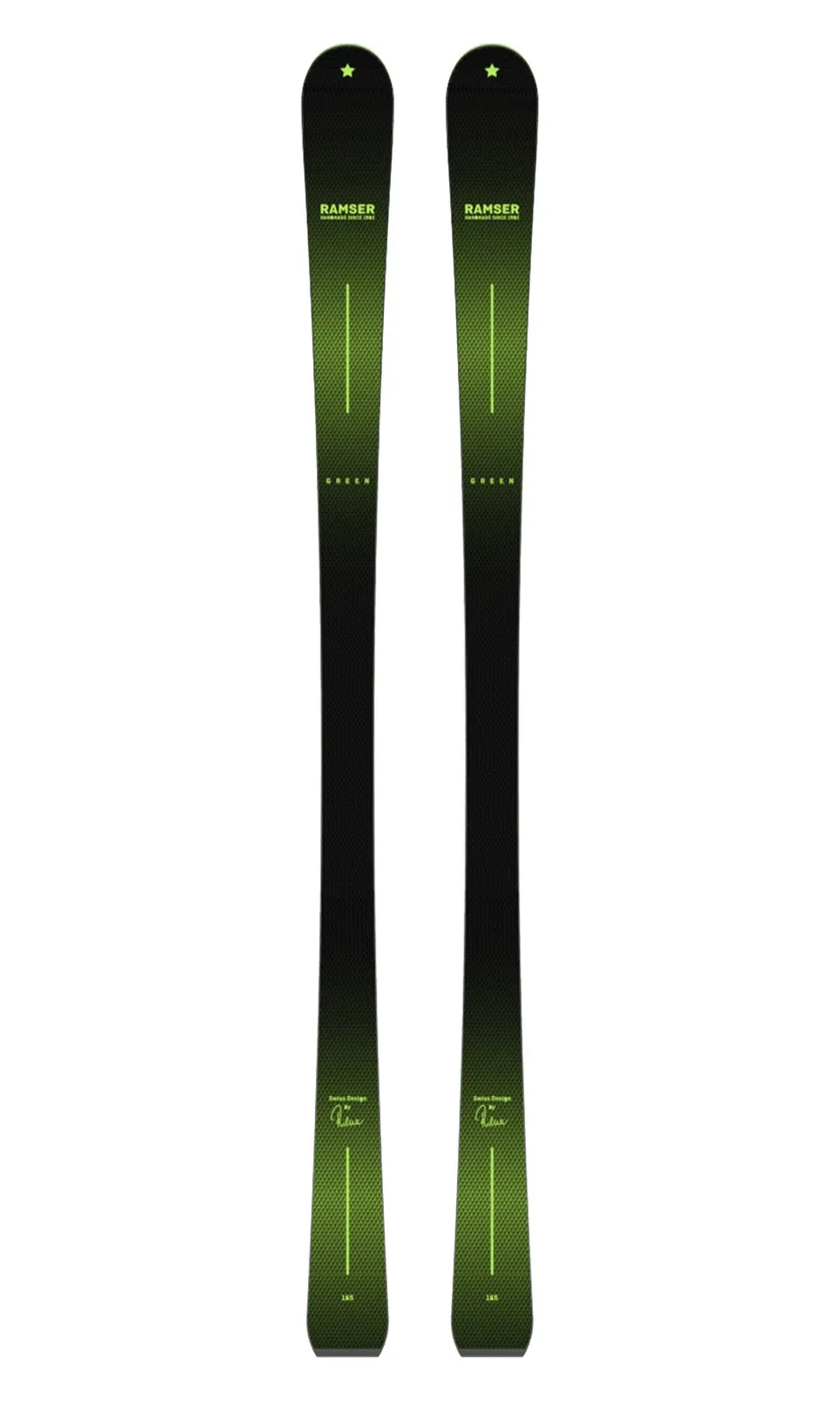 Two Ramser Green LTD skis with green color gradient and star, standing on a white background.