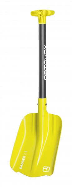 Gelbe Lawinenschaufel ORTOVOX Badger mit schwarzem Stiel und T-Griff. Teil des Avalanche Rescue Set Zoom+.
