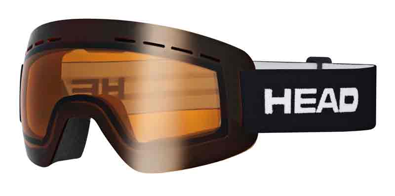 Masque de ski orange Head Solar Storm, sans monture, avec bandeau noir et inscription "HEAD" blanche.