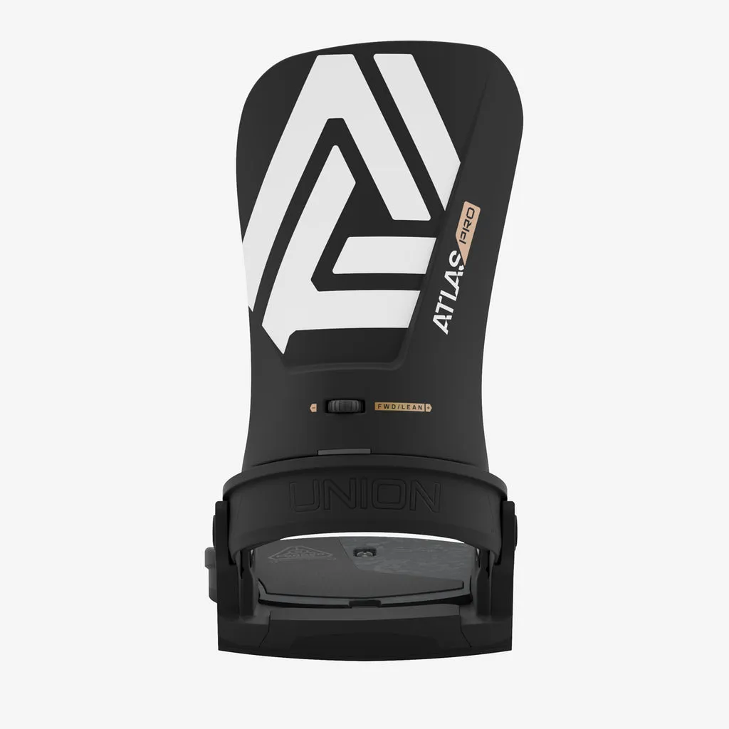 Black Union Atlas Pro snowboard binding with logo and white arrow design on the back.