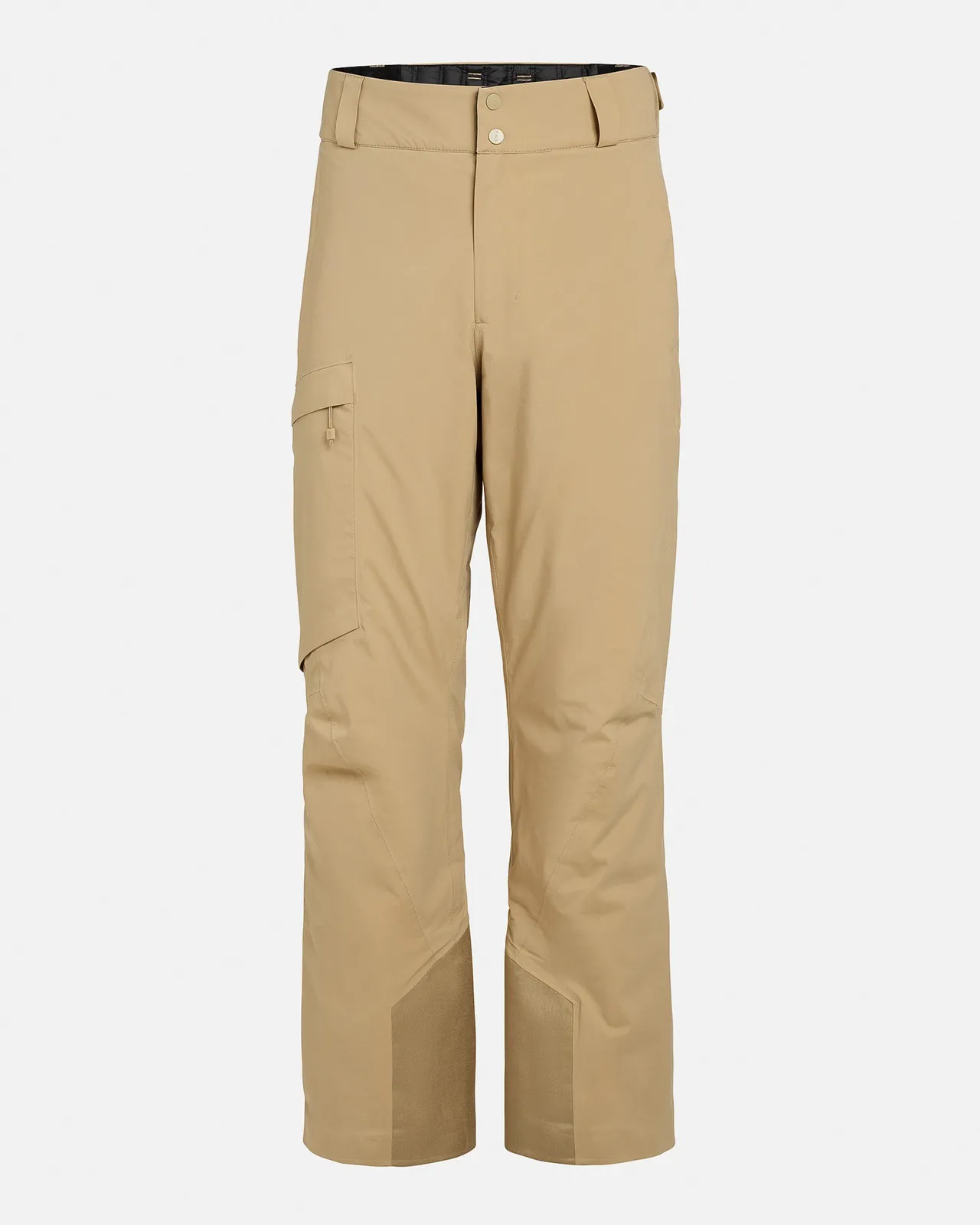 Sand-colored P-1 GORE-TEX 2L Stretch Insulated trousers from the front. Left leg pocket, reinforced leg ends.