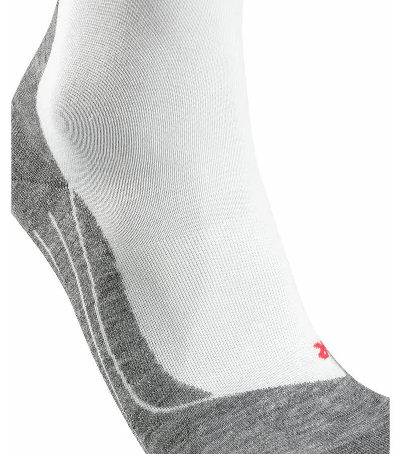 Close-up of a white men's running sock with gray reinforcements on the heel and toe.