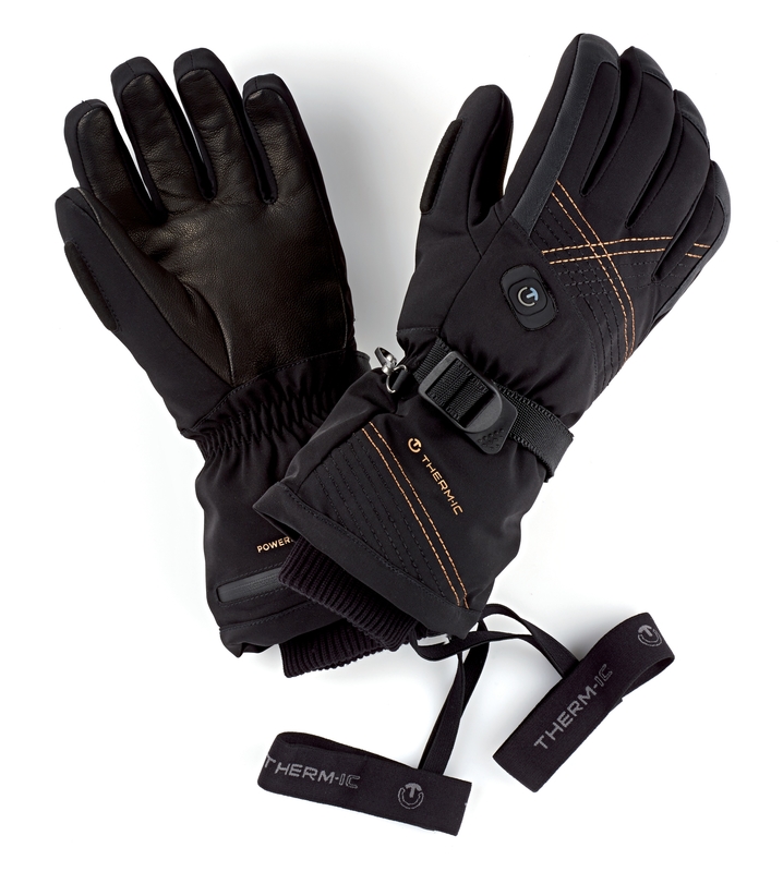 Therm-ic Ultra Heat Handschuhe Zwei schwarze Therm-ic Ultra Heat Gloves Women, einer mit Lederinnenfläche, der andere mit Riemen.
