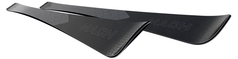 Two black MACH skis, angled, with graphic patterns and the word "MACH" on the surface.