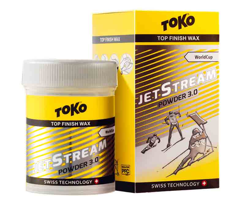 Gelbe Dose und Karton Toko JetStream Powder 3.0, Skiwachs für Top Gleiteigenschaften und verbesserte Abriebfestigkeit.