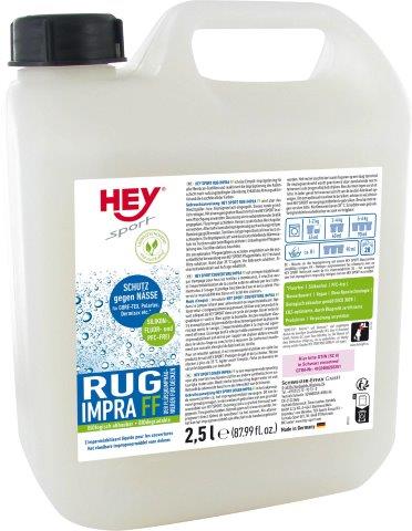 Weiße 2,5 Liter Flasche mit schwarzem Deckel, Aufdruck Rug Impra Wash-In mit Herstellerinformationen.
