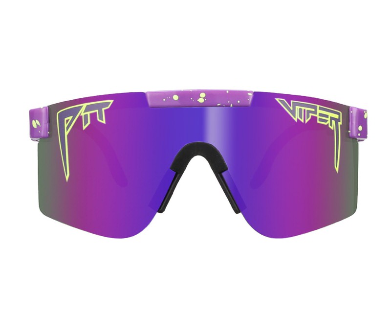 Frontansicht der polarisierten "The Donatello Original" Sonnenbrille mit lila Rahmen und verspiegelten Gläsern. Gelbe Schriftzüge auf dem Rahmen.