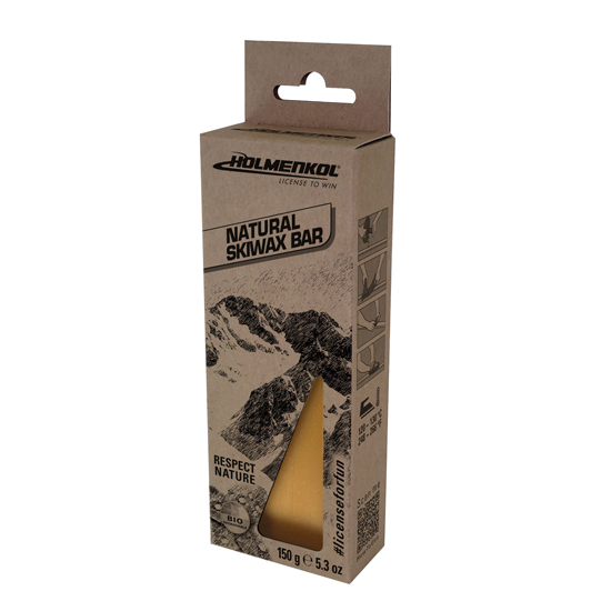 Verpackung der Natural Skiwax Bar Bio, braune Pappschachtel mit Grafik eines Berges und Wachstumsanleitung.