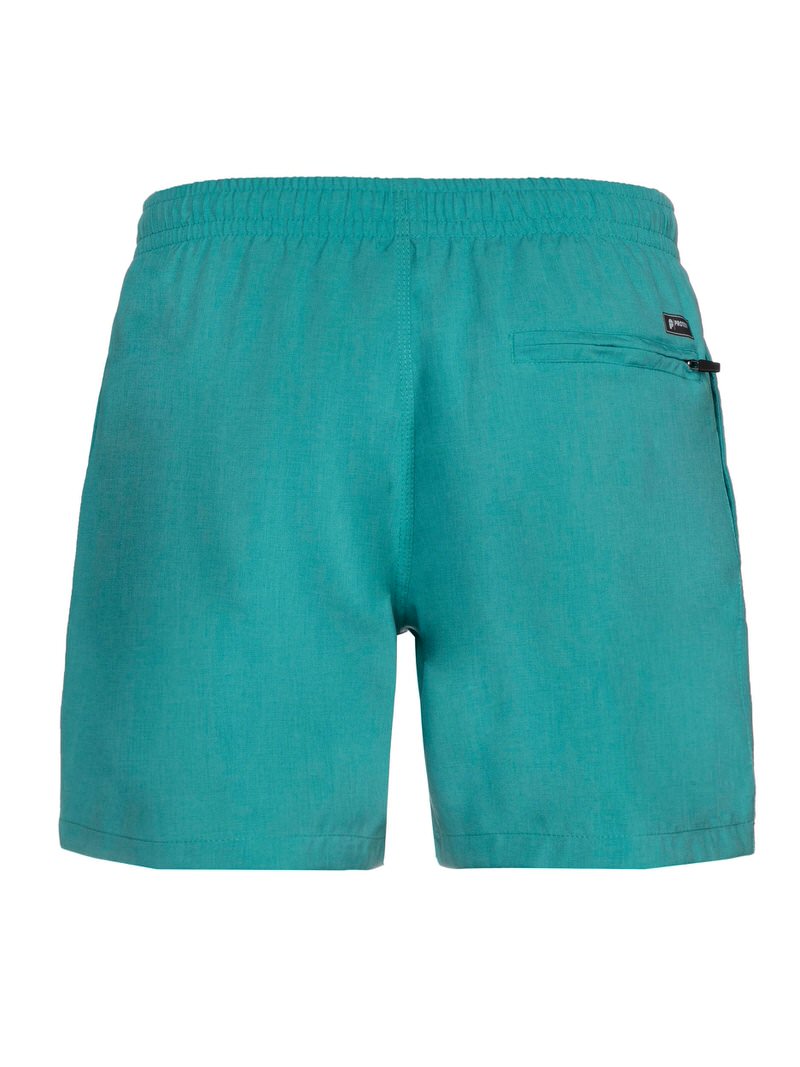 Nahaufnahme der Rückseite der "Protest Davey Sea Bay" Badeshorts. Elastischer Bund und Reißverschlusstasche sind erkennbar.