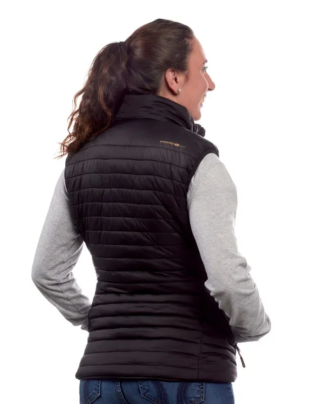 Rückansicht einer Frau mit Therm-ic Heated Vest Women, gesteppt, schwarz, mit Kragen und seitlichen Reißverschlüssen.