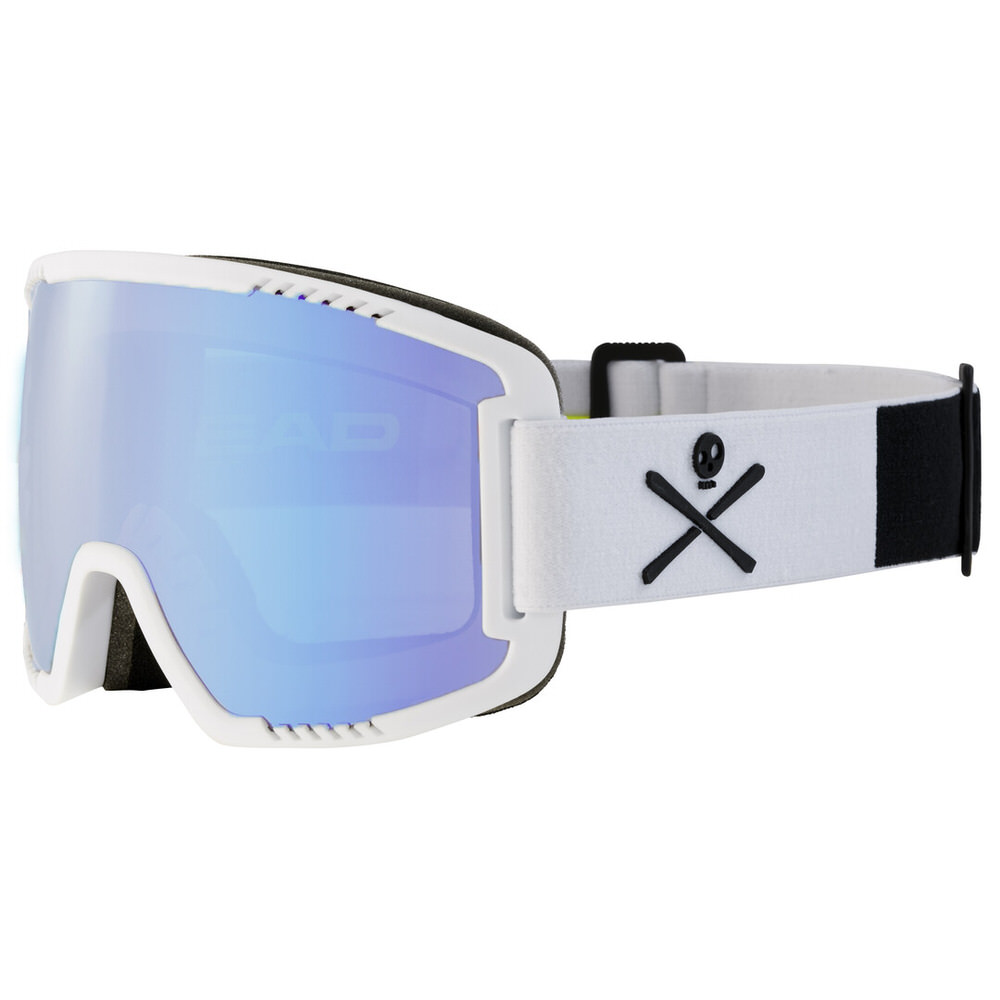 Occhiali da sci Head Contex Photo bianchi con doppia lente fotocromatica bluastra e logo del teschio sul cinturino.