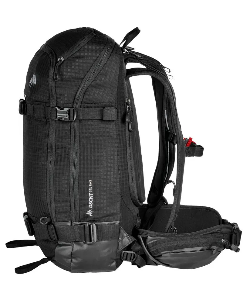 Black Jones DSCNT 32L RAS touring backpack, side view with straps, compartments and adjustable straps.