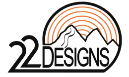 The logo features the number 22 in large black digits, followed by DESIGNS. Behind it are stylized black mountain peaks. Above them is a semicircle with concentric orange lines resembling sunbeams or waves. It represents 22 Designs.