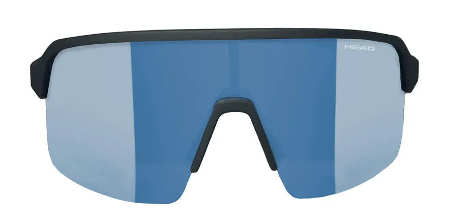 Sporty, black Head Shield WCR sunglasses with blue lenses, front view.