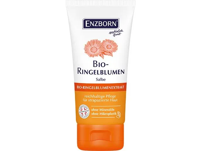 Tube of organic marigold ointment from Enzborn with marigold illustration.
