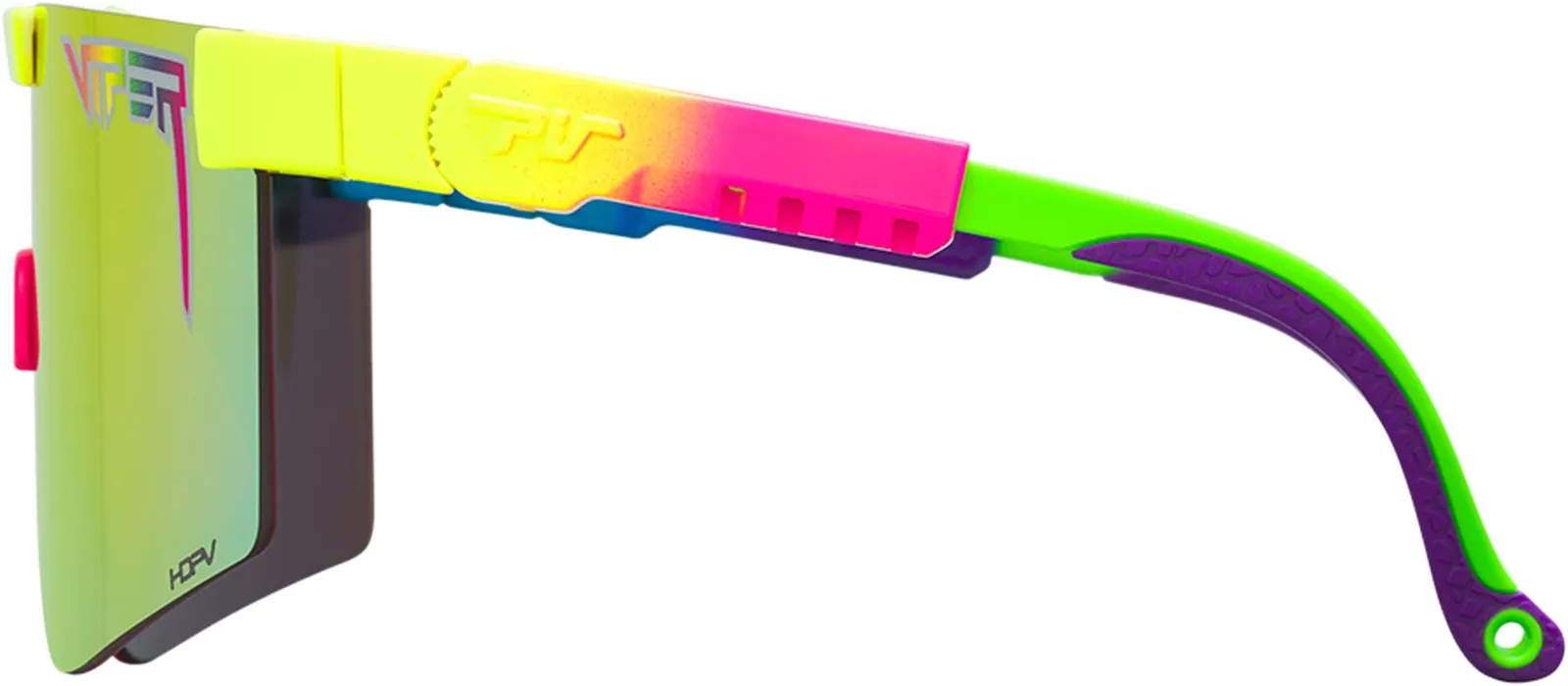 Detailed view of the Pit Viper The Pride sunglasses with polarized rainbow lenses and neon colors on the frame.