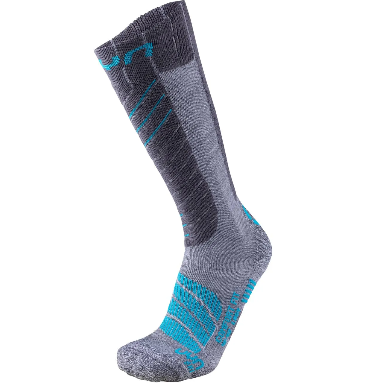 Chaussette UYN Lady Ski Comfort Fit grise avec des accents turquoises. La chaussette est montante et présente des détails au niveau du pied, de la cheville et du tibia.