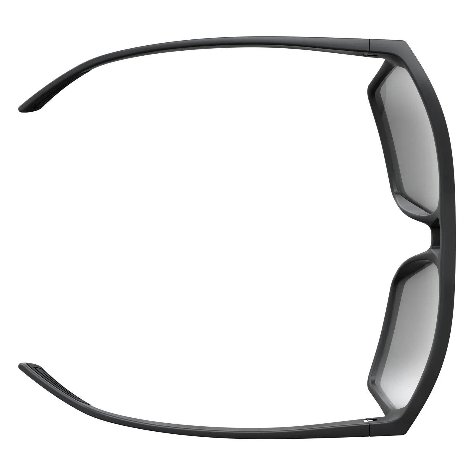 Top view of polarized, matt black SCOTT Tune glasses with grey lenses and curved temples.