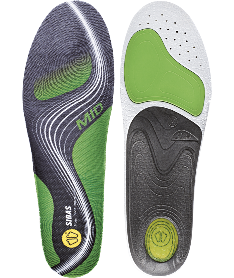 Sidas 3Feet Active Einlegesohlen Zwei Sidas 3Feet Active MID Einlegesohlen, von oben, mit grün-grauem Muster und Gelpad.