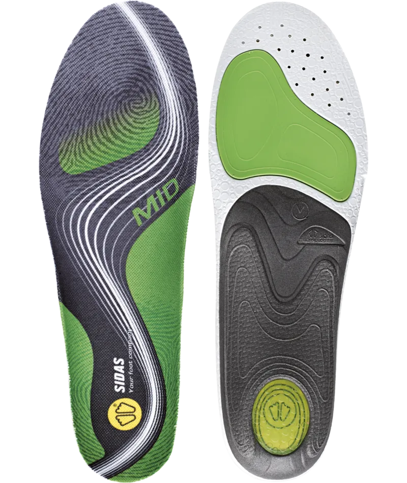 Zwei Sidas 3Feet Active MID Einlegesohlen, von oben, mit grün-grauem Muster und Gelpad.