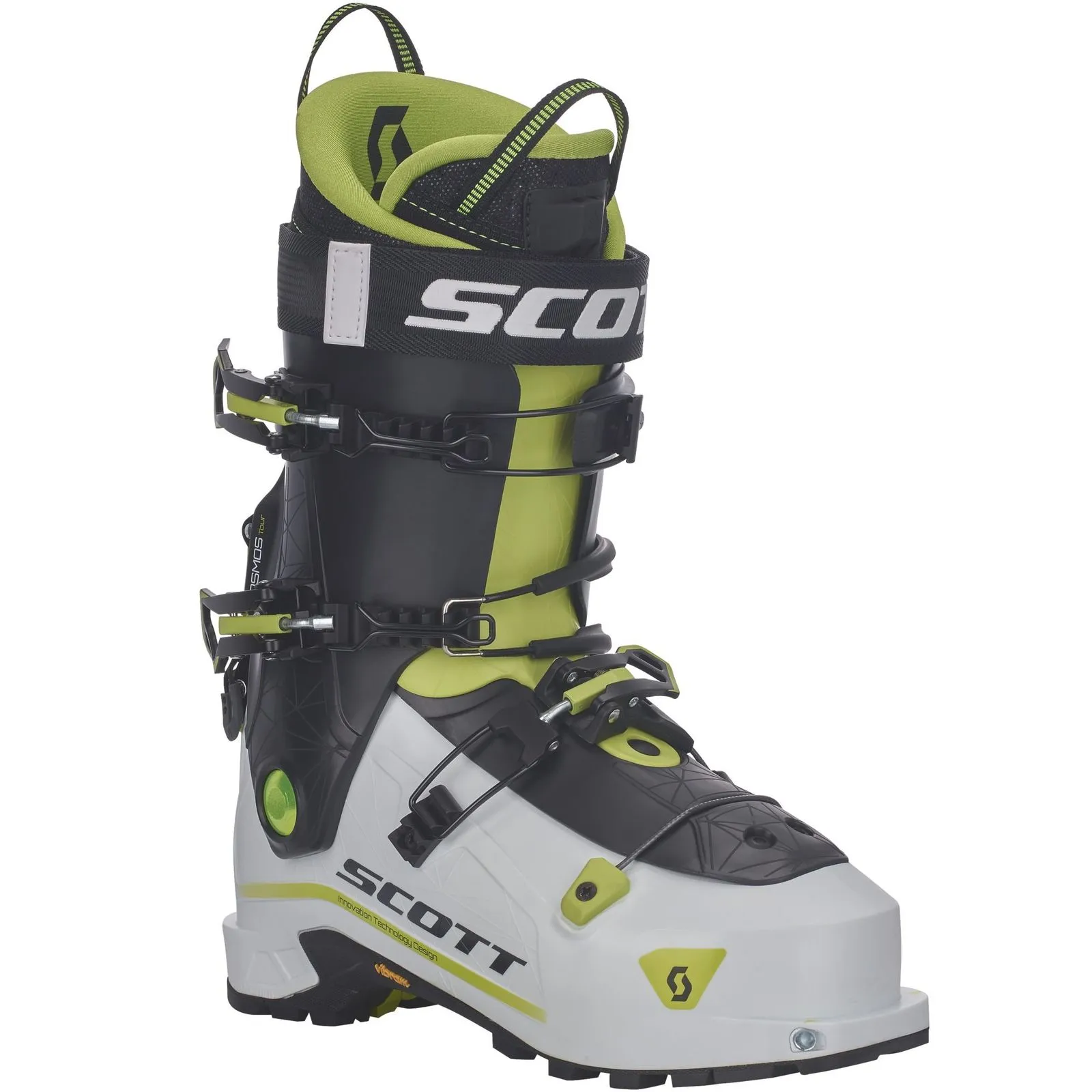 Ski Tourenschuh, Scott Cosmos Tour, seitliche Ansicht. Weißer Unterschuh, schwarz-grüner Oberschuh mit Schnallen und Scott Logo.