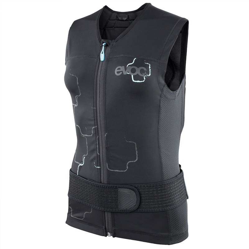 Schwarze Evoc Protector Lite Vest Women, Frontansicht mit Reißverschluss und flexibler Hüftgurt.