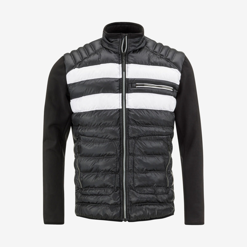 Schwarze Dolomiti Herren Jacke mit weißen horizontalen Streifen, Stehkragen und durchgehendem Reißverschluss.