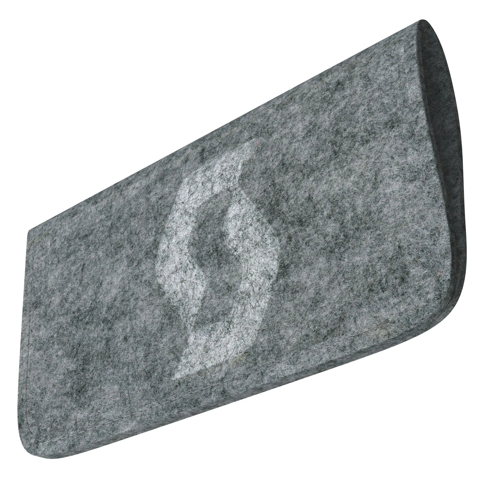 Grey felt spectacle case with white logo, taken diagonally from above.