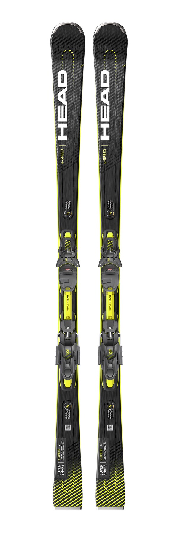 Ski Head Supershape e-Speed mit Bindung, frontal, schwarzes Design mit gelben Akzenten.