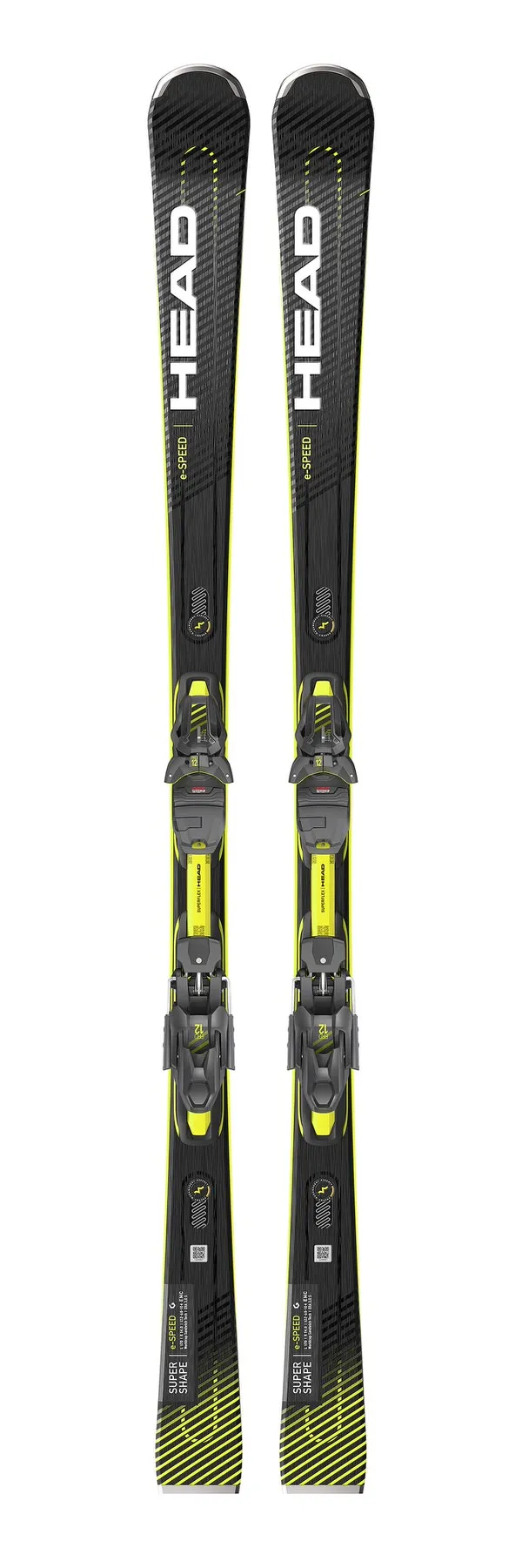 Ski Head Supershape e-Speed mit Bindung, frontal, schwarzes Design mit gelben Akzenten.