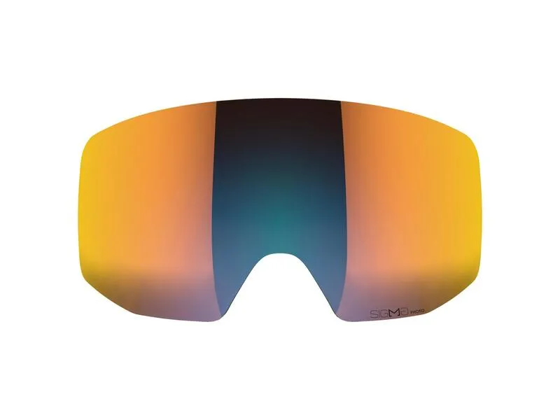 Orange-colored Driver Prime Sigma Photo Lens for ski helmets, slightly curved.