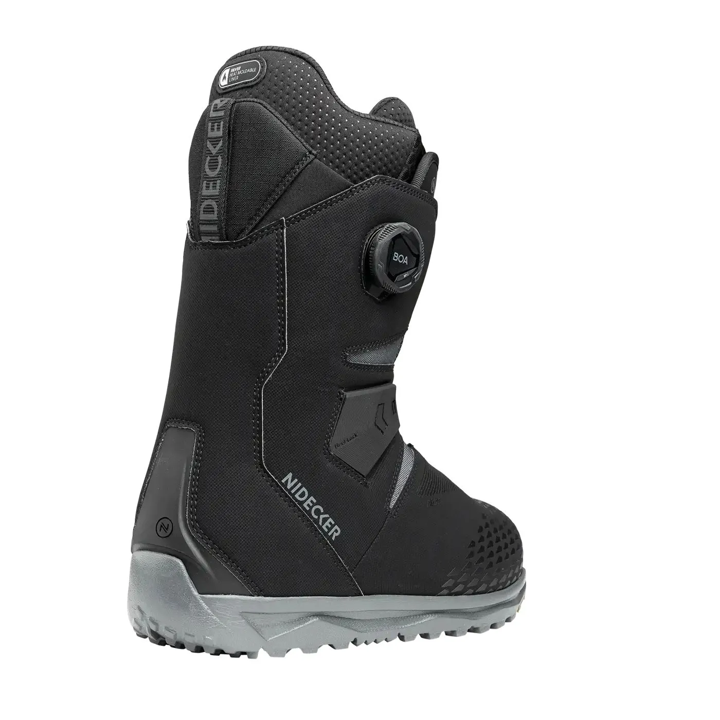 A black snowboard boot from Nidecker, side view, with gray sole and BOA closure, against a white background.