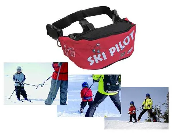Red and black children's ski harness with carrying strap and illustrations, plus three photos of children skiing with harness.