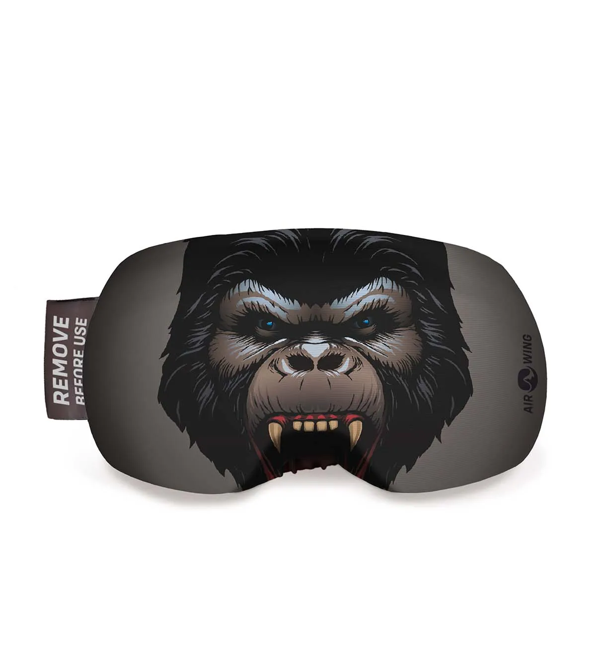Airwing-Kong ski goggle protector with gorilla motif. The protective cover has a gray strap and an elastic band.