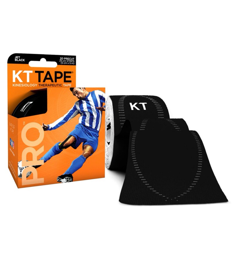 KT Tape Pro Jet Black, 20 strips, kinesiology tape with packaging and roll, black.